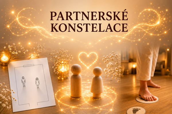 Partnerské konstelace — dřevěné figurky v zářícím poli a kresba postavy ženy a muže