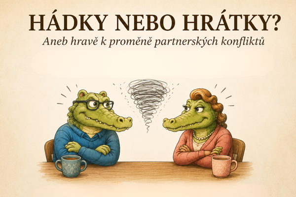Hádky nebo hrátky? — ilustrace manželů Krokodýlových u stolu se symbolem konfliktu